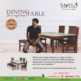 Metto Dining Table for a Royal Retreat

Buy the marble top 6-seater dining set that is simply a fashion over food, meant for a royal treat. Cherish the treat on an all-teak dining table now and forever. Wood components of the dining set come with a 20 years warranty.

#metto #furniture #wood #sofa #jamesandco #diningtable #heartwood #teakwood #teakwoodfurniture #teakwood #teakwood